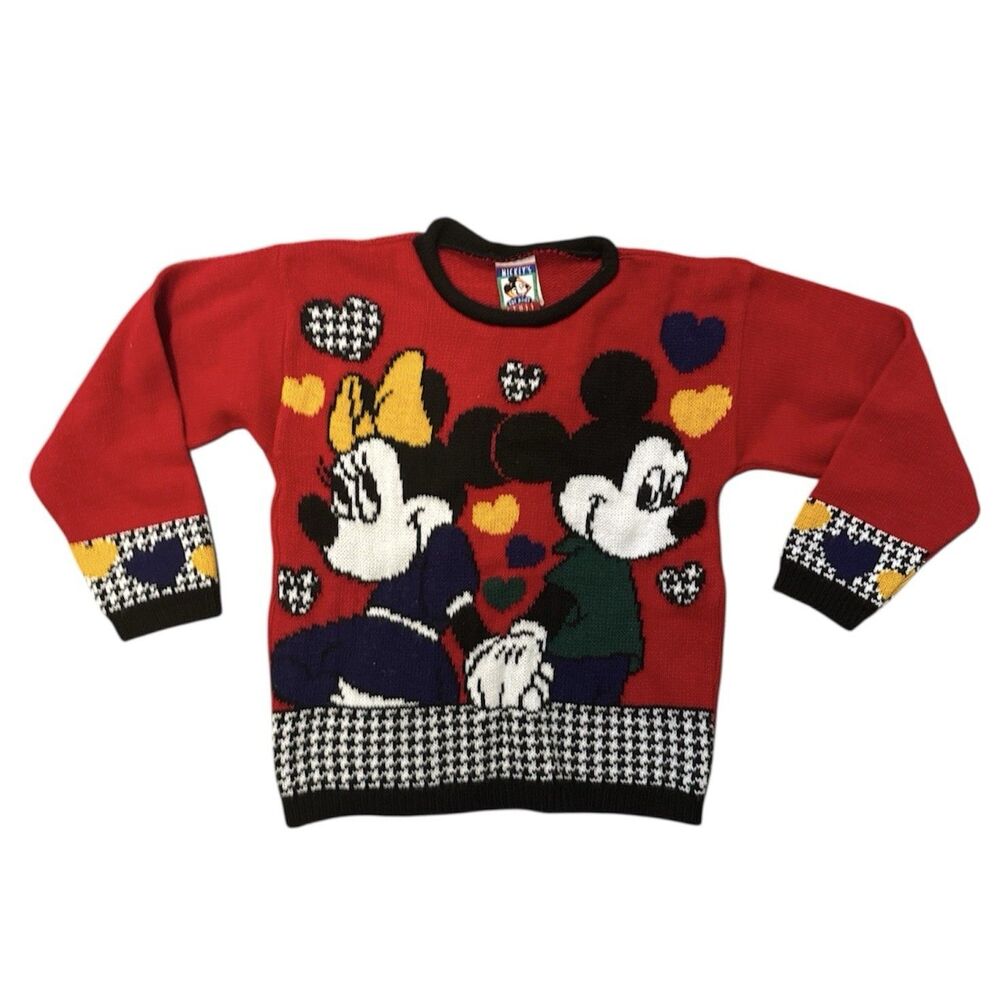 Vintage Disney Mickey Minnie Knit Sweater Pullover Kids M Red 90s Retro Hearts